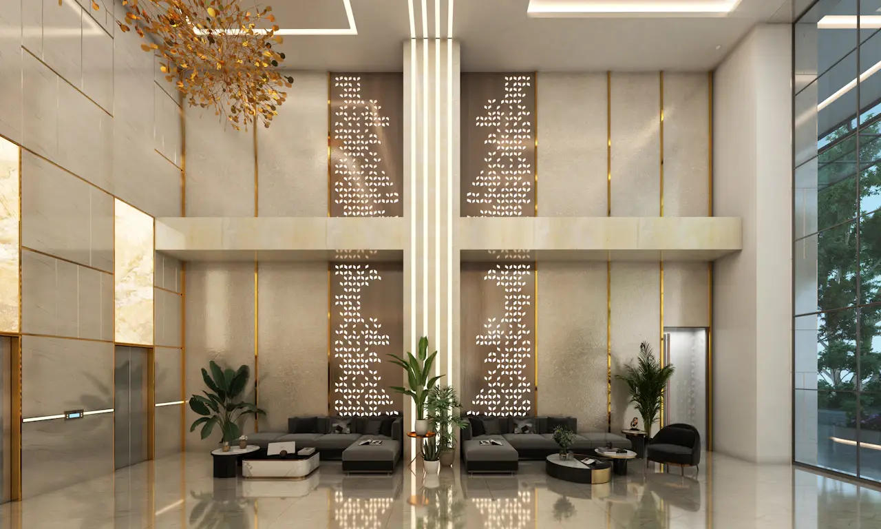 A grand luxury hotel lobby